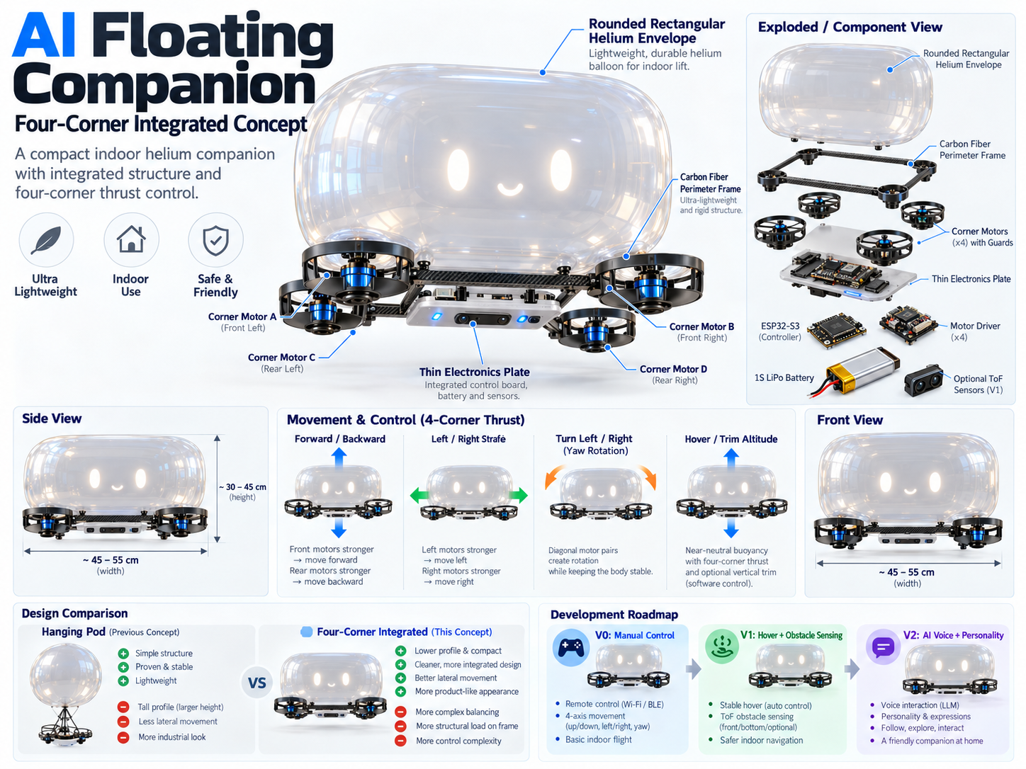 AI Floating Companion 四角一體式氦氣漂浮機器人概念圖